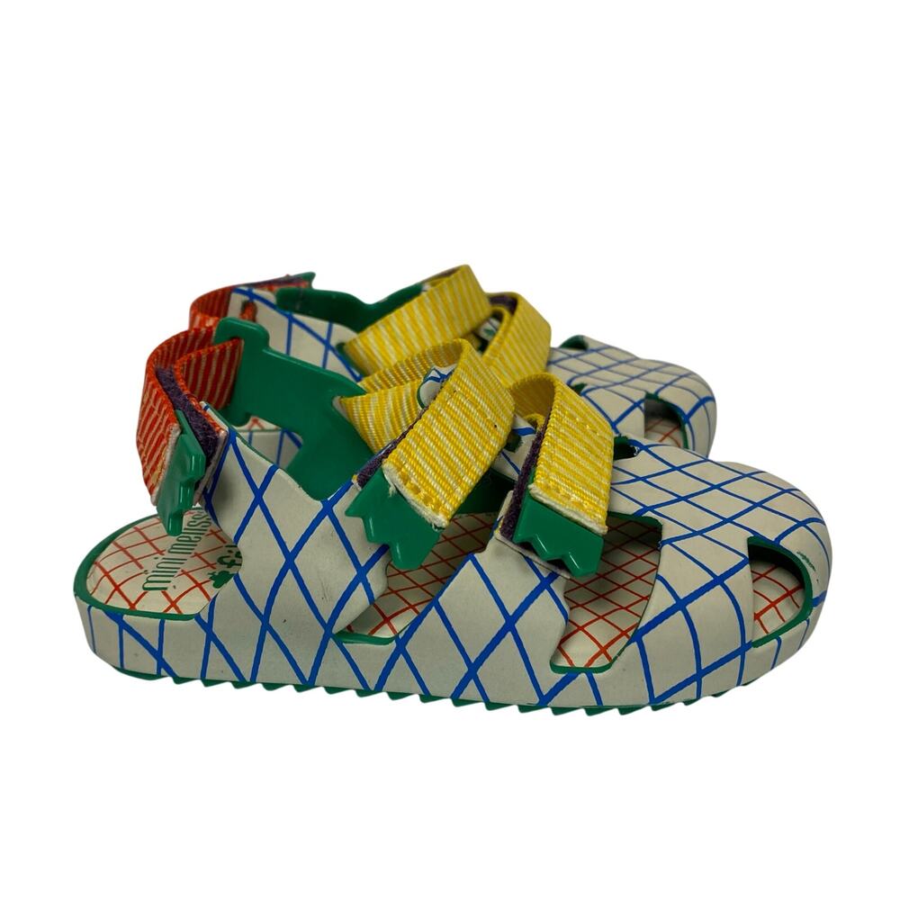 Mini Melissa White Sandal with Blue Grid, Yellow & Red Straps